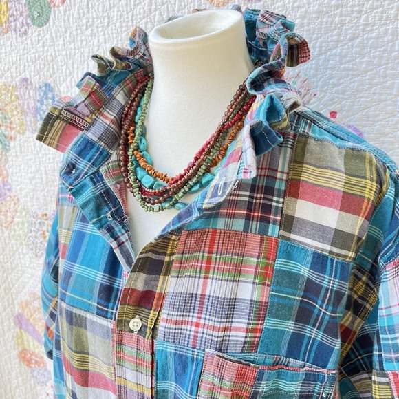 Lands' End Tops - Upcycled Preppy Lands End Autumn Madras Patchwork Oversized Short Sleeve XXL